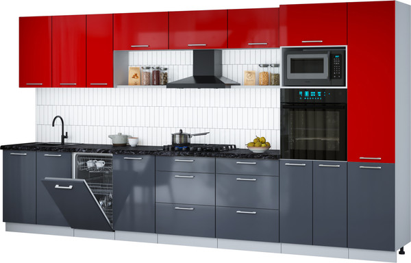 Изображение товара Кухонный гарнитур Интерлиния Мила Gloss 3.9-ПМ3 (асфальт глянец/красный глянец/кастилло темный)