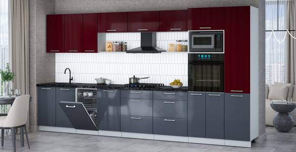 Изображение товара Кухонный гарнитур Интерлиния Мила Gloss 3.9-ПМ3 (асфальт глянец/бордовый глянец/кастилло темный)