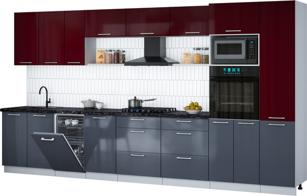 Изображение товара Кухонный гарнитур Интерлиния Мила Gloss 3.9-ПМ3 (асфальт глянец/бордовый глянец/кастилло темный)