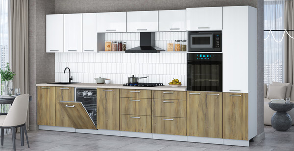 Изображение товара Кухонный гарнитур Интерлиния Мила Gloss 3.9-ПМ3 (дуб вотан/белый глянец/травертин серый)