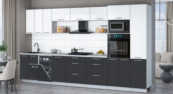 Изображение товара Кухонный гарнитур Интерлиния Мила Gloss 3.7-ПМ3 (пепел/белый глянец/серый каспий)