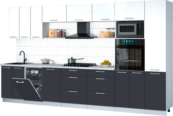 Изображение товара Кухонный гарнитур Интерлиния Мила Gloss 3.7-ПМ3 (пепел/белый глянец/серый каспий)
