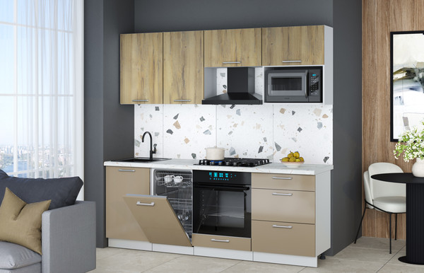 Изображение товара Кухонный гарнитур Интерлиния Мила Gloss 2.15-ПМ4 (капучино глянец/дуб вотан/серый каспий)