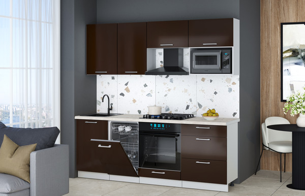 Изображение товара Кухонный гарнитур Интерлиния Мила Gloss 2.15-ПМ4 (шоколад глянец/шоколад глянец/бискайская сосна)