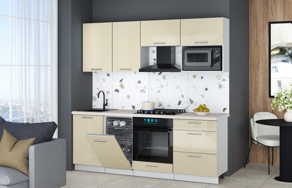 Изображение товара Кухонный гарнитур Интерлиния Мила Gloss 2.15-ПМ4 (ваниль глянец/ваниль глянец/травертин серый)