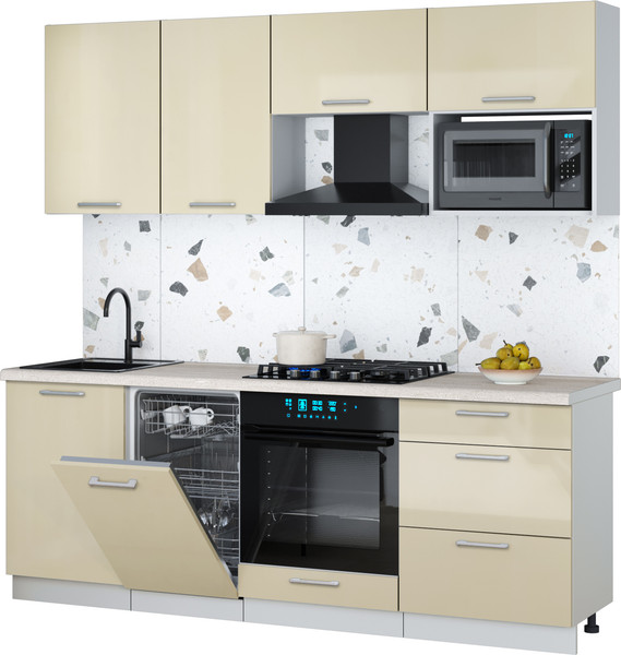 Изображение товара Кухонный гарнитур Интерлиния Мила Gloss 2.15-ПМ4 (ваниль глянец/ваниль глянец/травертин серый)