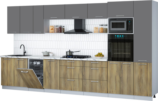 Изображение товара Кухонный гарнитур Интерлиния Мила Gloss 3.9-ПМ3 (дуб вотан/серый/белый гранит)