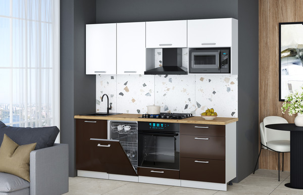 Изображение товара Кухонный гарнитур Интерлиния Мила Gloss 2.15-ПМ4 (шоколад глянец/белый/дуб бунратти)