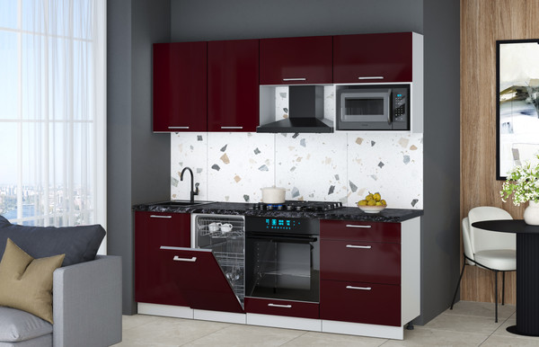 Изображение товара Кухонный гарнитур Интерлиния Мила Gloss 2.15-ПМ4 (бордовый глянец/бордовый глянец/кастилло темный)
