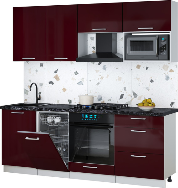 Изображение товара Кухонный гарнитур Интерлиния Мила Gloss 2.15-ПМ4 (бордовый глянец/бордовый глянец/кастилло темный)