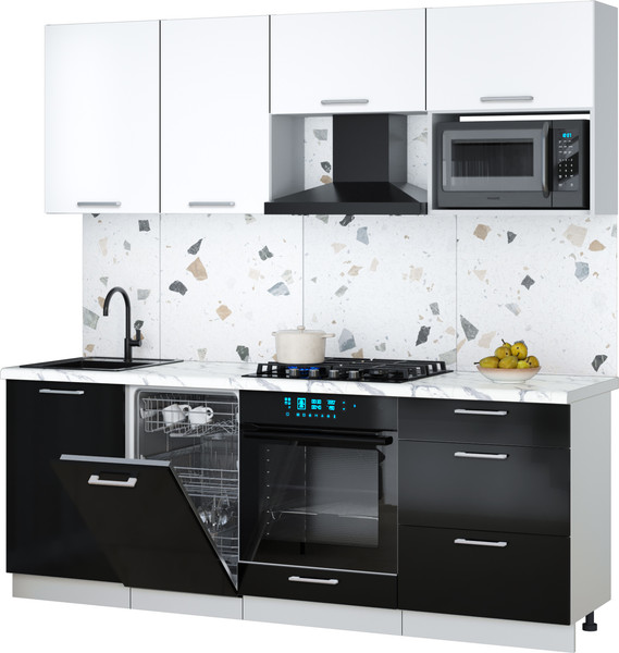 Изображение товара Кухонный гарнитур Интерлиния Мила Gloss 2.15-ПМ4 (черный глянец/белый/белый гранит)