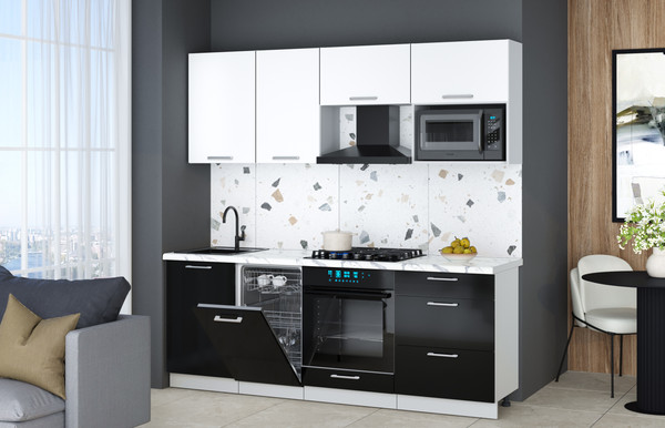 Изображение товара Кухонный гарнитур Интерлиния Мила Gloss 2.15-ПМ4 (черный глянец/белый/белый гранит)