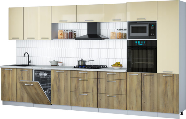 Изображение товара Кухонный гарнитур Интерлиния Мила Gloss 3.9-ПМ3 (дуб вотан/ваниль глянец/серый каспий)