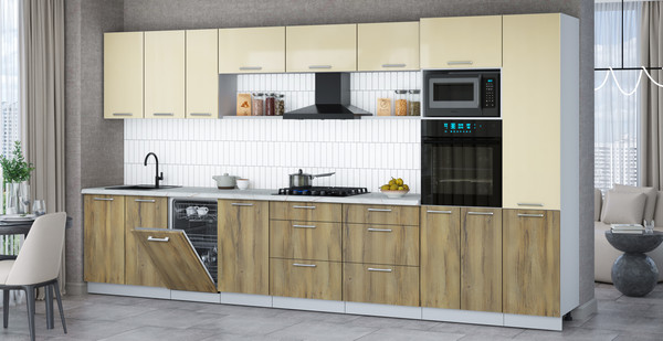 Изображение товара Кухонный гарнитур Интерлиния Мила Gloss 3.9-ПМ3 (дуб вотан/ваниль глянец/серый каспий)