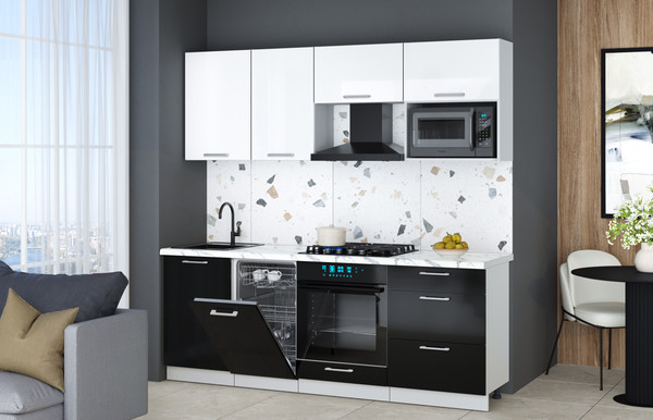 Изображение товара Кухонный гарнитур Интерлиния Мила Gloss 2.15-ПМ4 (черный глянец/белый глянец/белый гранит)