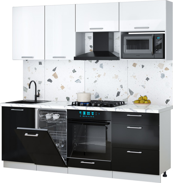 Изображение товара Кухонный гарнитур Интерлиния Мила Gloss 2.15-ПМ4 (черный глянец/белый глянец/белый гранит)