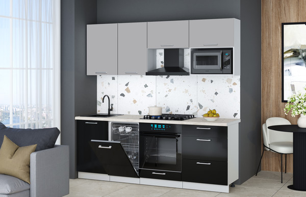 Изображение товара Кухонный гарнитур Интерлиния Мила Gloss 2.15-ПМ4 (черный глянец/грей/бискайская сосна)