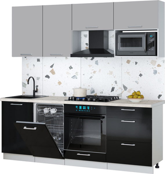 Изображение товара Кухонный гарнитур Интерлиния Мила Gloss 2.15-ПМ4 (черный глянец/грей/бискайская сосна)