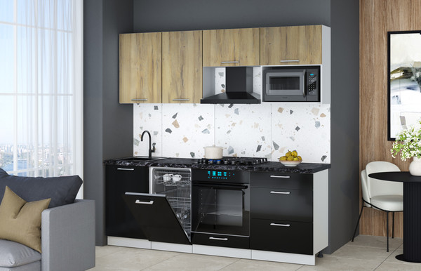 Изображение товара Кухонный гарнитур Интерлиния Мила Gloss 2.15-ПМ4 (черный глянец/дуб вотан/кастилло темный)