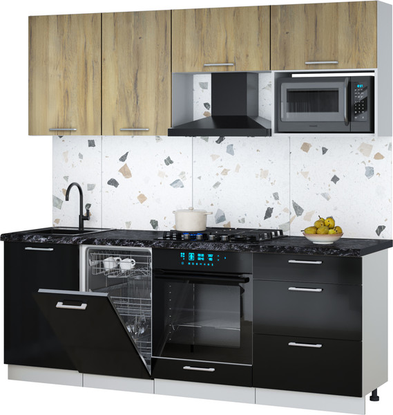 Изображение товара Кухонный гарнитур Интерлиния Мила Gloss 2.15-ПМ4 (черный глянец/дуб вотан/кастилло темный)