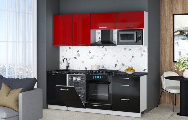 Изображение товара Кухонный гарнитур Интерлиния Мила Gloss 2.15-ПМ4 (черный глянец/красный глянец/кастилло темный)