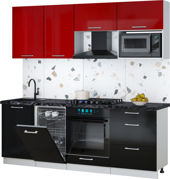 Изображение товара Кухонный гарнитур Интерлиния Мила Gloss 2.15-ПМ4 (черный глянец/красный глянец/кастилло темный)