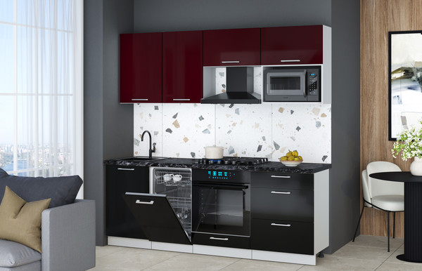 Изображение товара Кухонный гарнитур Интерлиния Мила Gloss 2.15-ПМ4 (черный глянец/бордовый глянец/кастилло темный)