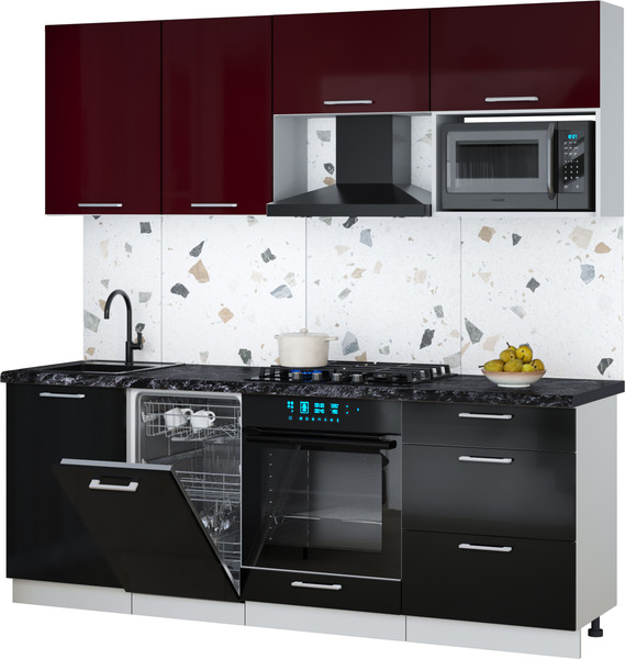 Изображение товара Кухонный гарнитур Интерлиния Мила Gloss 2.15-ПМ4 (черный глянец/бордовый глянец/кастилло темный)