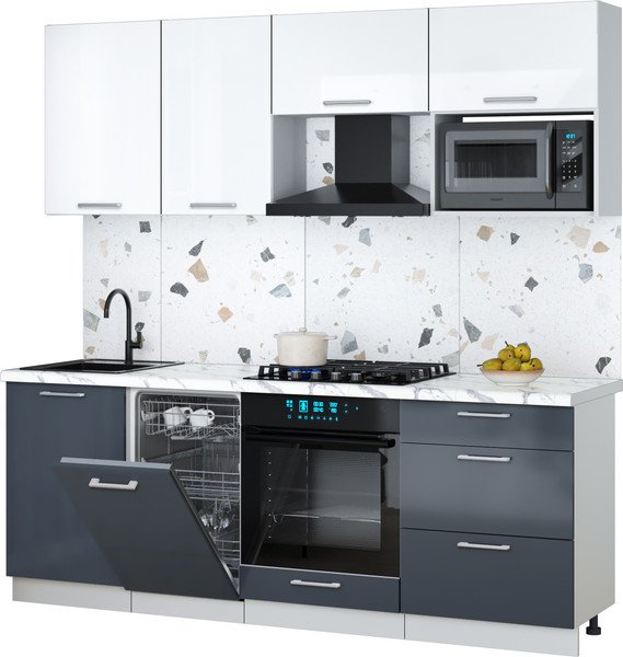 Изображение товара Кухонный гарнитур Интерлиния Мила Gloss 2.15-ПМ4 (асфальт глянец/белый глянец/белый гранит)