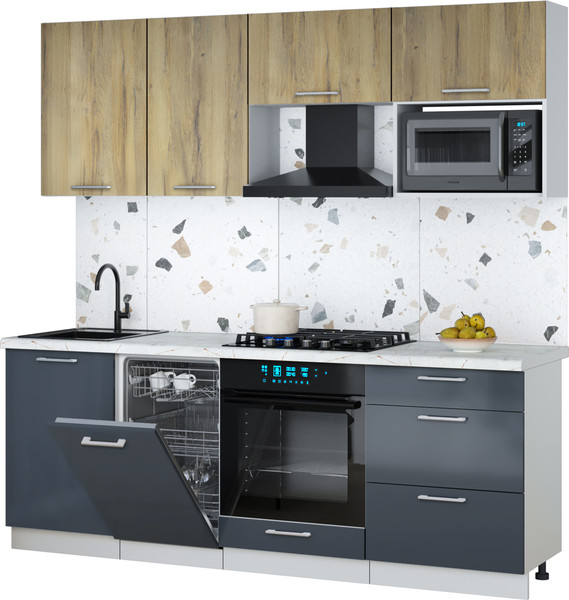 Изображение товара Кухонный гарнитур Интерлиния Мила Gloss 2.15-ПМ4 (асфальт глянец/дуб вотан/серый каспий)