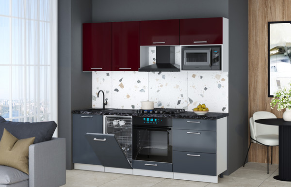 Изображение товара Кухонный гарнитур Интерлиния Мила Gloss 2.15-ПМ4 (асфальт глянец/бордовый глянец/кастилло темный)