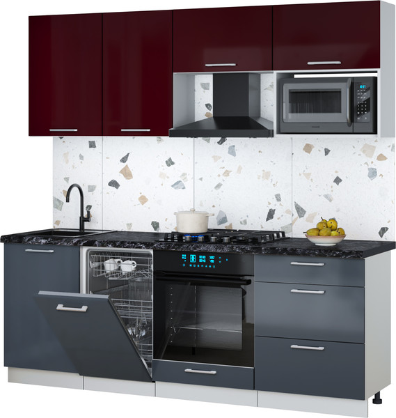 Изображение товара Кухонный гарнитур Интерлиния Мила Gloss 2.15-ПМ4 (асфальт глянец/бордовый глянец/кастилло темный)