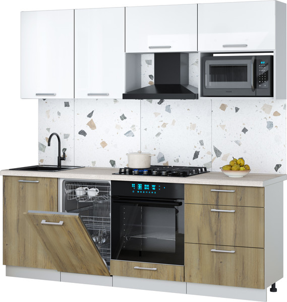 Изображение товара Кухонный гарнитур Интерлиния Мила Gloss 2.15-ПМ4 (белый глянец/дуб вотан/травертин серый)