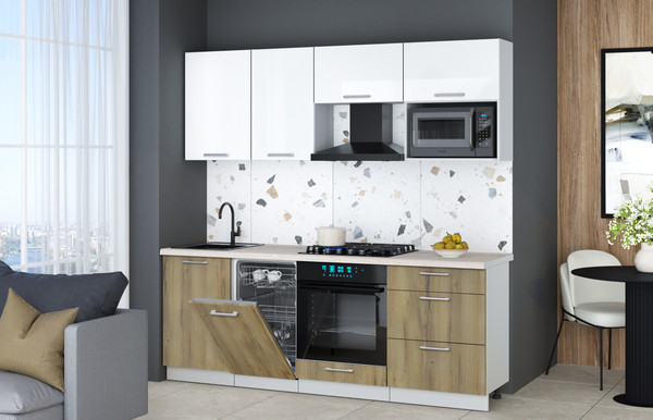 Изображение товара Кухонный гарнитур Интерлиния Мила Gloss 2.15-ПМ4 (белый глянец/дуб вотан/травертин серый)