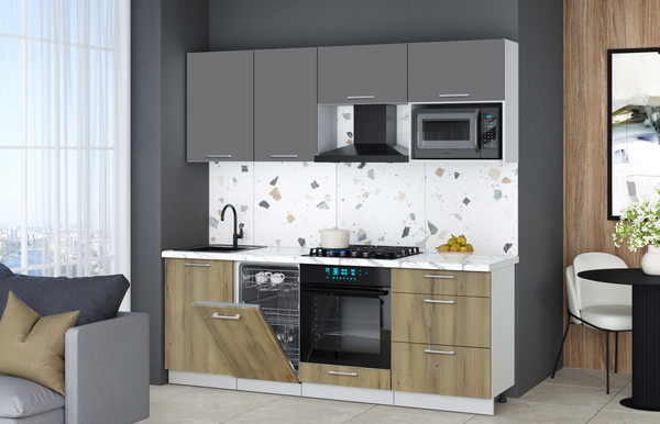 Изображение товара Кухонный гарнитур Интерлиния Мила Gloss 2.15-ПМ4 (дуб вотан/серый/белый гранит)