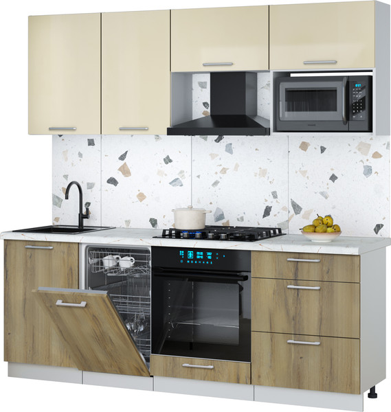 Изображение товара Кухонный гарнитур Интерлиния Мила Gloss 2.15-ПМ4 (дуб вотан/ваниль глянец/серый каспий)