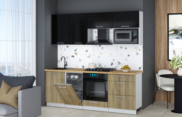 Изображение товара Кухонный гарнитур Интерлиния Мила Gloss 2.15-ПМ4 (дуб вотан/черный глянец/дуб бунратти)