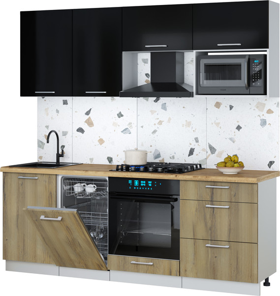 Изображение товара Кухонный гарнитур Интерлиния Мила Gloss 2.15-ПМ4 (дуб вотан/черный глянец/дуб бунратти)