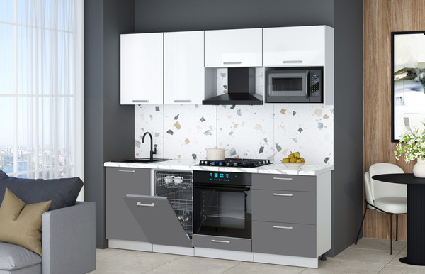 Изображение товара Кухонный гарнитур Интерлиния Мила Gloss 2.15-ПМ4 (серый/белый глянец/белый гранит)