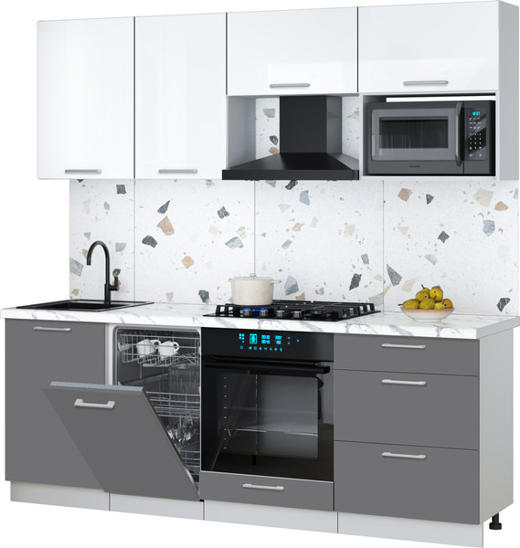 Изображение товара Кухонный гарнитур Интерлиния Мила Gloss 2.15-ПМ4 (серый/белый глянец/белый гранит)