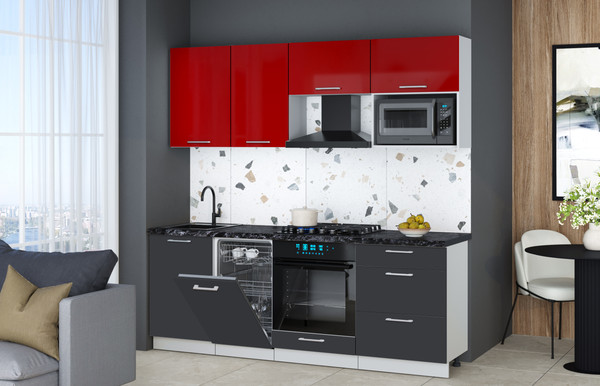 Изображение товара Кухонный гарнитур Интерлиния Мила Gloss 2.15-ПМ4 (пепел/красный глянец/кастилло темный)