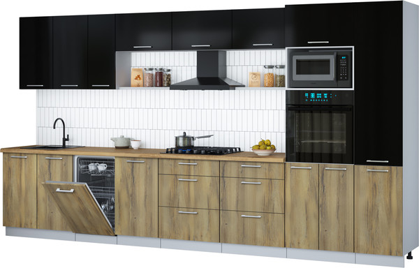 Изображение товара Кухонный гарнитур Интерлиния Мила Gloss 3.9-ПМ3 (дуб вотан/черный глянец/дуб бунратти)