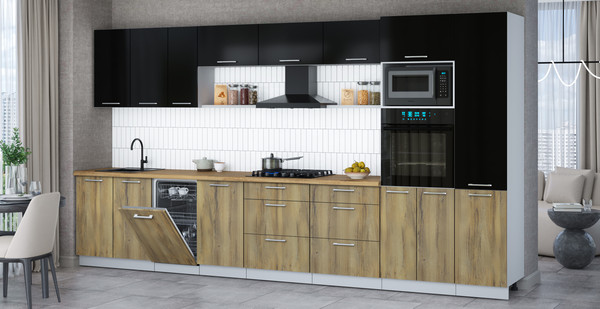 Изображение товара Кухонный гарнитур Интерлиния Мила Gloss 3.9-ПМ3 (дуб вотан/черный глянец/дуб бунратти)