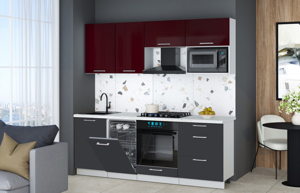 Изображение товара Кухонный гарнитур Интерлиния Мила Gloss 2.15-ПМ4 (пепел/бордовый глянец/серый каспий)