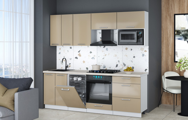 Изображение товара Кухонный гарнитур Интерлиния Мила Gloss 2.25-ПМ4 (капучино глянец/капучино глянец/бискайская сосна)