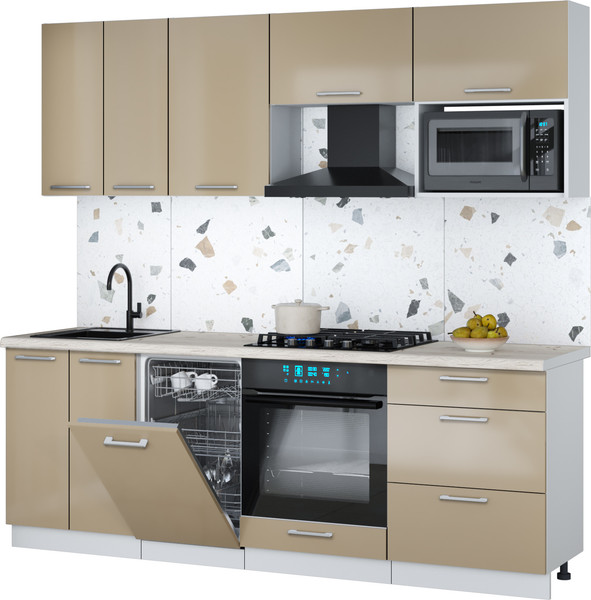 Изображение товара Кухонный гарнитур Интерлиния Мила Gloss 2.25-ПМ4 (капучино глянец/капучино глянец/бискайская сосна)