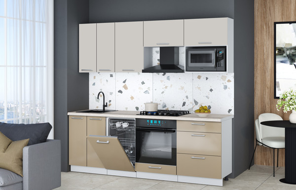 Изображение товара Кухонный гарнитур Интерлиния Мила Gloss 2.25-ПМ4 (капучино глянец/кашемир/травертин серый)