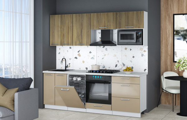 Изображение товара Кухонный гарнитур Интерлиния Мила Gloss 2.25-ПМ4 (капучино глянец/дуб вотан/серый каспий)