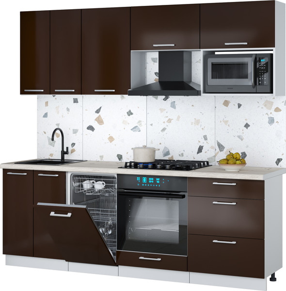 Изображение товара Кухонный гарнитур Интерлиния Мила Gloss 2.25-ПМ4 (шоколад глянец/шоколад глянец/бискайская сосна)