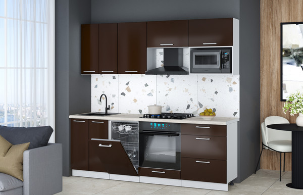 Изображение товара Кухонный гарнитур Интерлиния Мила Gloss 2.25-ПМ4 (шоколад глянец/шоколад глянец/бискайская сосна)